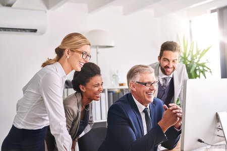Business people, computer and executive in office for collaboration, planning and pitch with...