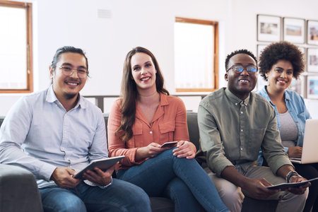 Business, people and happy on portrait with technology at office for creative project with teamwork and collaboration. Employees, graphic designer and coworking with planning and strategy with smileの写真素材