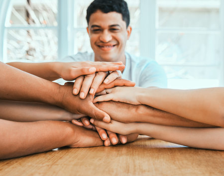 Home, hands and stack with family, love and support with kindness, game and playful. Closeup, people...