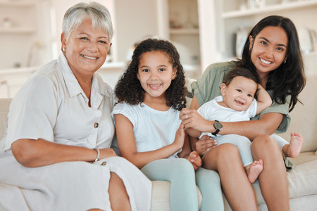 Mother, grandmother and kids with portrait on sofa for bonding, happy memory and support with confidence. People, family love and children on couch in living room with smile, embrace and generationsの写真素材