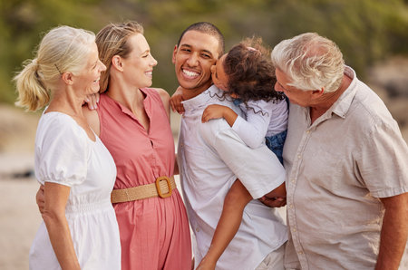 Beach, travel and grandparents, parents and kids by sea for bonding, relationship and relax in...