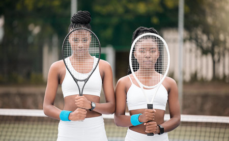 Portrait, racket or women in tennis court for doubles, sports and fitness training in exercise, game...