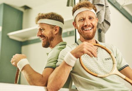 Mirror, portrait and racket with squash player man in locker room of gym for competition or game. Fitness, training and workout with smile of happy athlete person ready for match or tournamentの写真素材