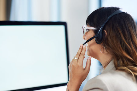 Woman, computer screen and call center agent in office, customer support and talking to client....