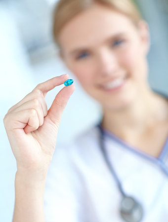 Healthcare, pills and hand of doctor, cure and medicine for sickness, hospital and offer of...