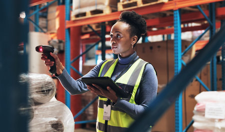 Black woman, scanner and tablet with inventory in logistics for pricing, counting stock or...