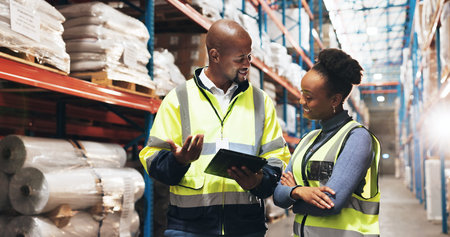 Business people, supplier and inventory with tablet for stock, distribution or logistics at...