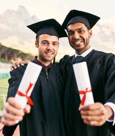 Portrait, men and happy friends with certificate for graduation, success or education milestone. Face, graduate students or show diploma scroll outdoor to celebrate goal for university award togetherの写真素材