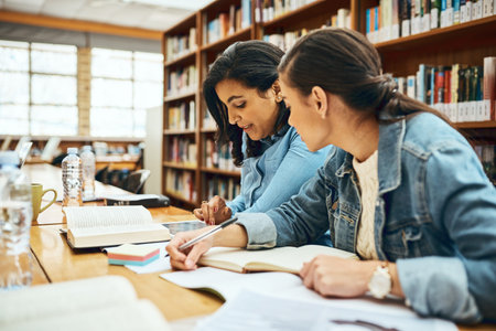 Education, library and girl student friends on college or university campus for learning together....