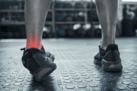 Ankle pain, fitness and sprain with person on floor of gym for accident, fail or mistake in black...