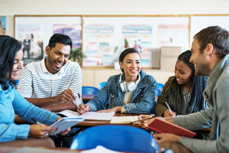 Happy, students and classroom for group assignment with education on teamwork and collaboration at...