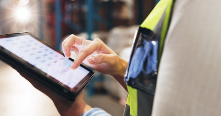 Woman, hands and pricing with tablet in logistics for inventory, supply chain or product...