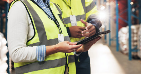 Business people, hands and logistics with tablet for storage control, inventory or supply chain at...