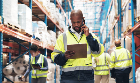 Black man, clipboard and logistics with phone call for communication or inventory inspection at...