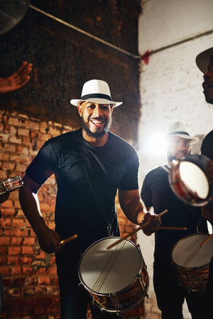 People, men and musician with drums for music performance with smile on portrait. Entertainment,...