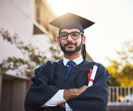 Portrait, diploma and man with arms crossed for graduation, success or learning goal outdoor. Face,...