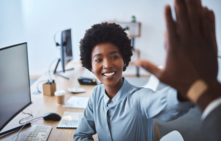 Happy, black woman and call center with high five for winning, promotion or success at office. Young...