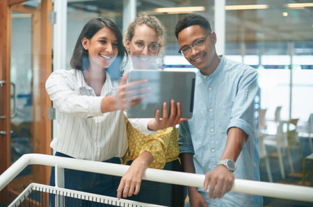 Happy business people, tablet and selfie with team for memory, photography or moment together at...