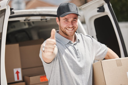 Van, portrait and delivery man with thumbs up for boxes, product safety or shipping services. Smile,...