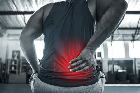 Man, workout and red glow for back pain at gym with muscle tension and strain on weightlifting. Male...