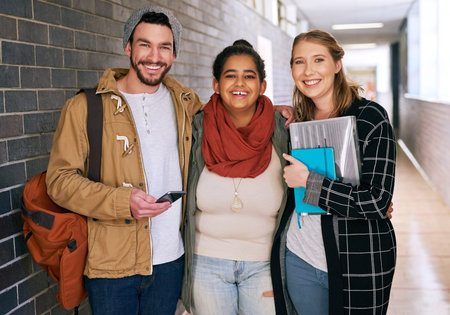 Student, friends and portrait in hallway of university or college for scholarship, higher education...