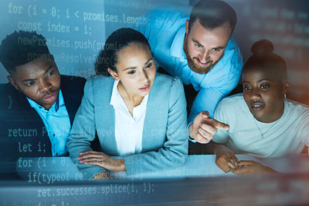 People, office and overlay in computer with teamwork, collaboration and partner for coding. Diversity, employee and computer software or programming for information technology with research at nightの写真素材