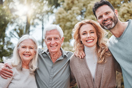 Hug, senior parents and portrait of couple in park for bonding, relationship and relax together....