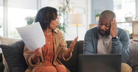 Argue, financial paperwork or couple with depression, finance documents and budget in recession....