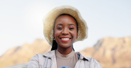 Black woman, portrait and farmer with hat in nature for conservative energy, global warming or...