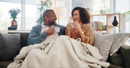 Bonding, love and coffee with mature couple on sofa for relax, marriage and romance. Happiness, calm...