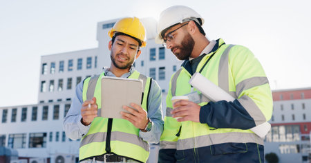 Businessman, team and civil engineer with tablet for construction, architecture or planning in city....