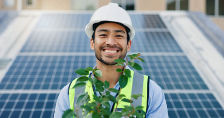 Asian man, portrait and plant with solar panel for eco friendly, environment and sustainable future...