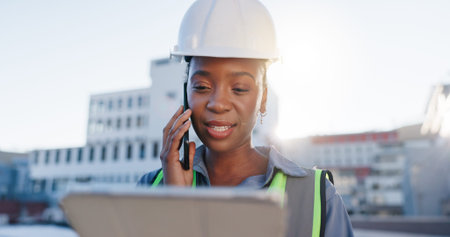 Tablet, phone call and construction engineer on site with communication for contract city planning....