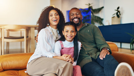 Kid, parents and portrait with smile on sofa for support, care and bonding together on weekend....