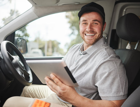 Portrait, tablet or happy delivery man in vehicle for directions to location or box shipping...