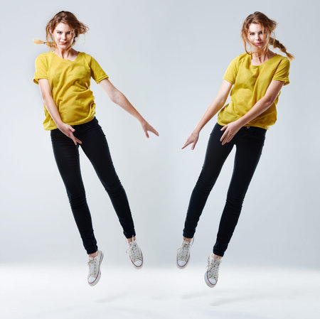 Fashion, jump and portrait of woman with composite effect, style and cool clothes with sneakers....