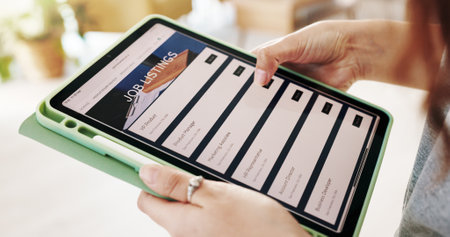 Hands, person and tablet screen for job search on website, vacancy listings and contact us of recruitment process. Digital, resume app and online for hiring service, application post and opportunityの写真素材