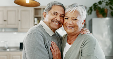 Senior, portrait and happy couple with hug for love, embrace or relationship together in retirement...