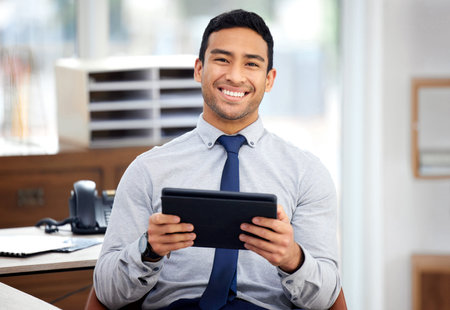 Businessman, portrait and tablet for finance in office, email and trader to check stock exchange....