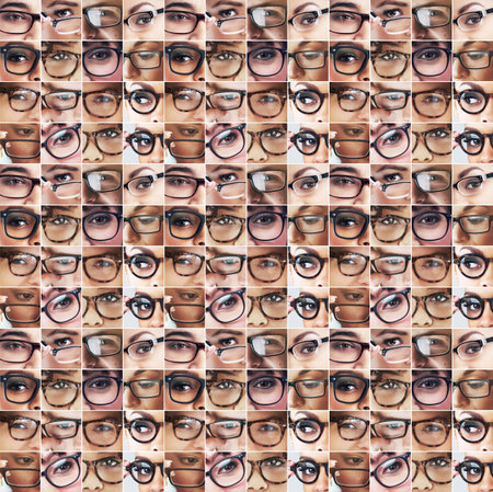 Eyes, glasses and collage of people with vision health, eyewear fashion and style variety. Faces,...