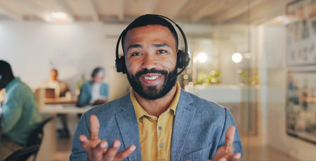 Customer service, talking and portrait of man in call center for telemarketing, communication and...
