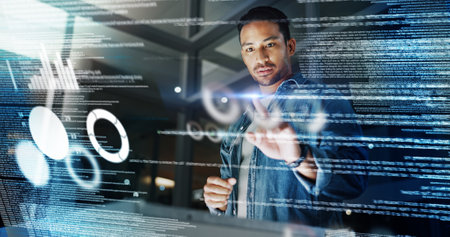 Dark, office and man with data overlay, digital coding and system management for crypto trading. Future technology, dashboard and programmer with hologram for cyber stocks, analytics and online infoの写真素材