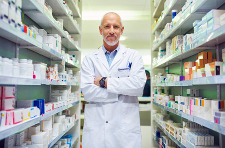 Mature man, pharmacist portrait and arms crossed at dispensary, manager and confident chemist. Male person, pharmacy and proud of medication treatment at store, expert service and aisle in Englandの写真素材