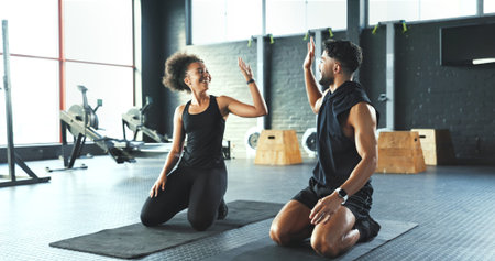 Fitness, high five and success with friends in gym for challenge, sports training or workout. Done,...