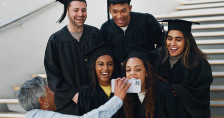 College, students and group video call on graduation for congratulations, education support and...
