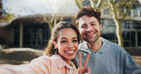 Happy couple, students and selfie with peace sign for picture, photography or memory at campus....