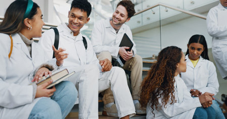 Happy people, students or medical interns with group for healthcare scholarship at med school....