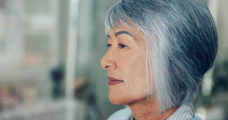 Senior woman, thinking and relax in nursing home for retirement, nostalgia and anxiety for future....