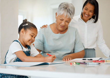 Homework, grandma and mom with child for education, learning and cognitive development in kitchen....