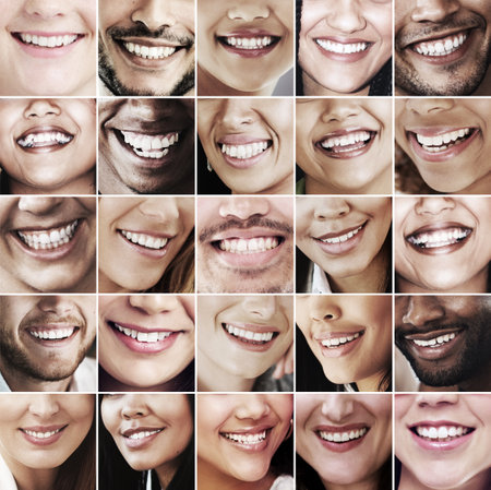 Dental, care and mosaic of people with smile, diversity and global healthcare for cosmetic tooth hygiene. Happy group, men and women in collage with veneers, teeth whitening or healthy mouth montageの写真素材